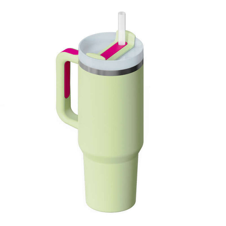 Green insulated 40 oz tumbler with handle and straw for hot or cold drinks.