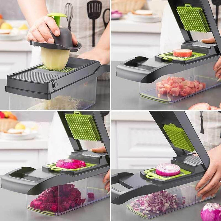 Stainless steel vegetable cutter with interchangeable blades slicing and dicing various vegetables, perfect for kitchen use.