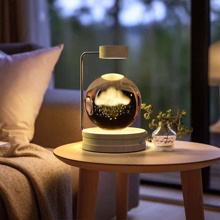 Crystal Ball Night Light on wooden table, featuring a 3D crystal design with warm LED glow, perfect for cozy Japandi-style interiors.