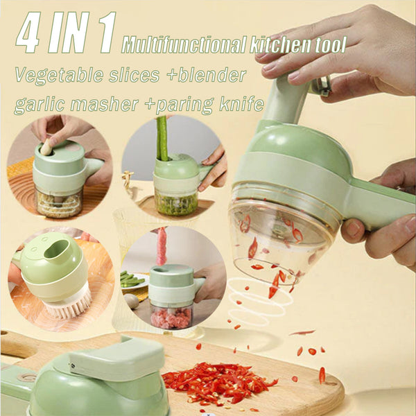 4-in-1 multifunctional kitchen tool for slicing vegetables, blending, mashing garlic, and paring. Compact and efficient design.