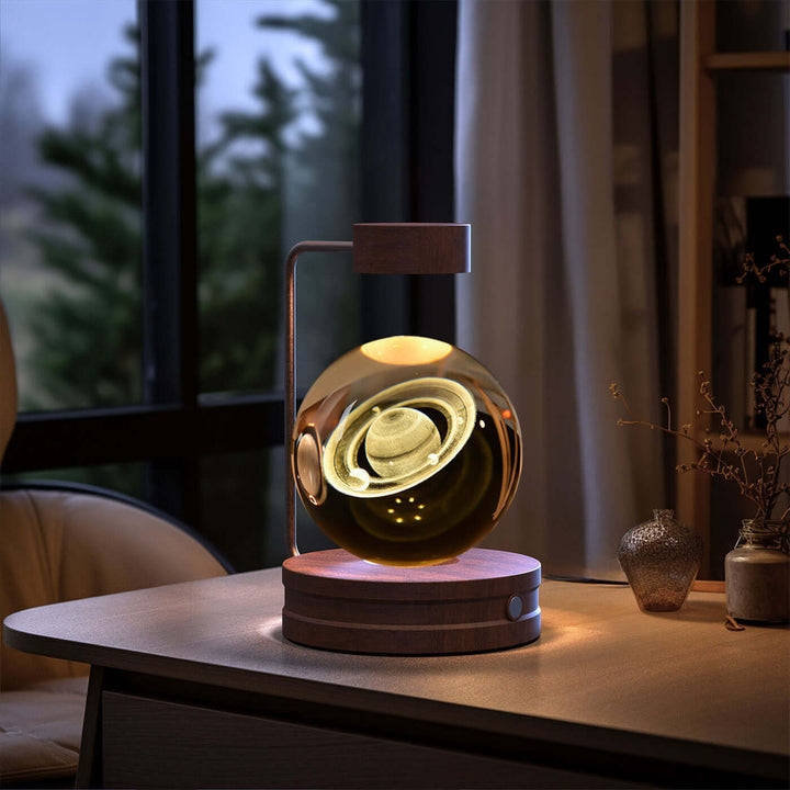 USB-powered crystal ball night light with 3D design, warm LED glow on a desk, enhancing biophilic and Japandi style decor.