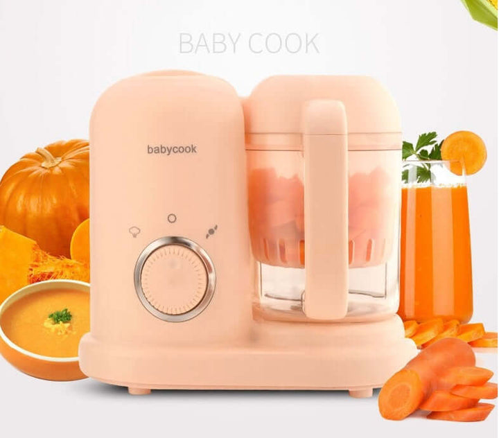 Baby food processor with steaming and blending functions, surrounded by fresh fruits and vegetables for nutritious homemade meals.