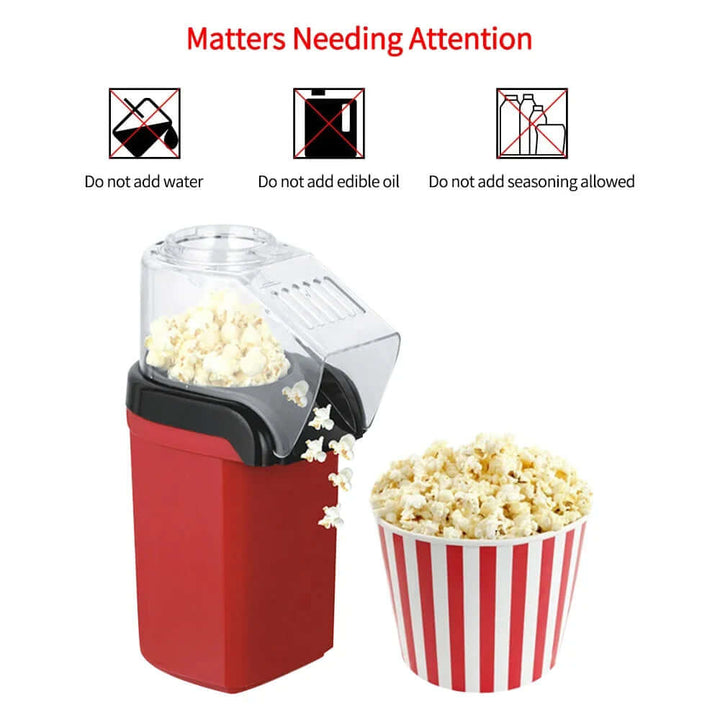 Red popcorn maker machine with fresh popcorn in striped bowl, showing usage instructions for smart home living, no oil needed.