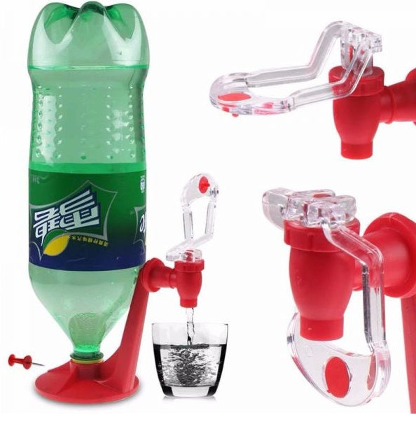 The Magic Tap Soda Dispenser attached to a soda bottle, effortlessly pouring drink into a glass. Ideal for mess-free dispensing.