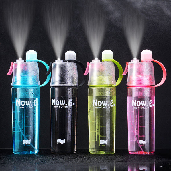 Portable sports mist spray cups in various colors for hydration and cooling.