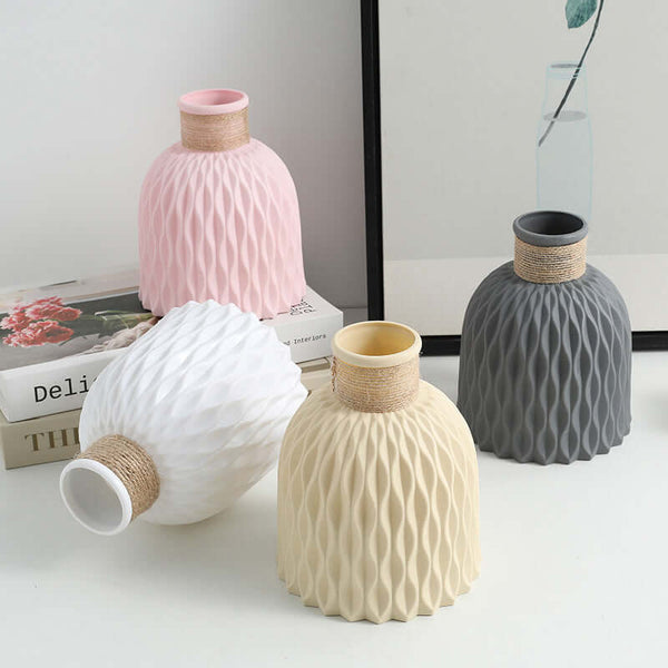 Creative Decorative Plastic Vases in pink, white, beige, and gray. Modern design ideal for biophilic and Japandi style decor.