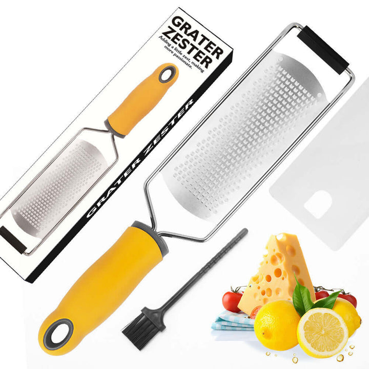 Premium stainless steel cheese grater with yellow handle, perfect for effortless grating and zesting of cheese and citrus fruits.