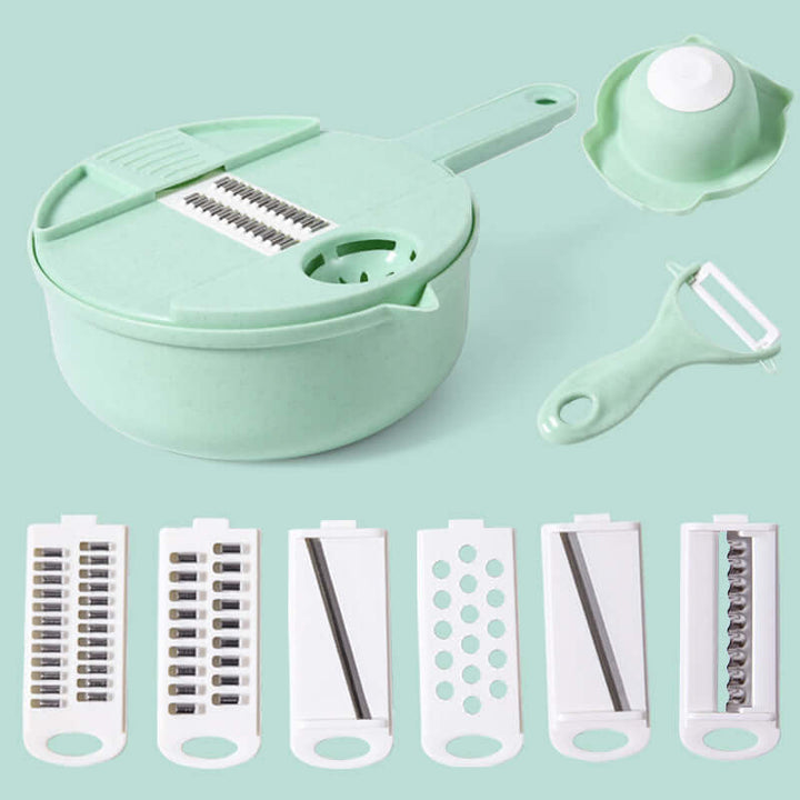 Kitchen multifunctional vegetable shredder with stainless blades and removable inserts, ideal for sustainable food prep.