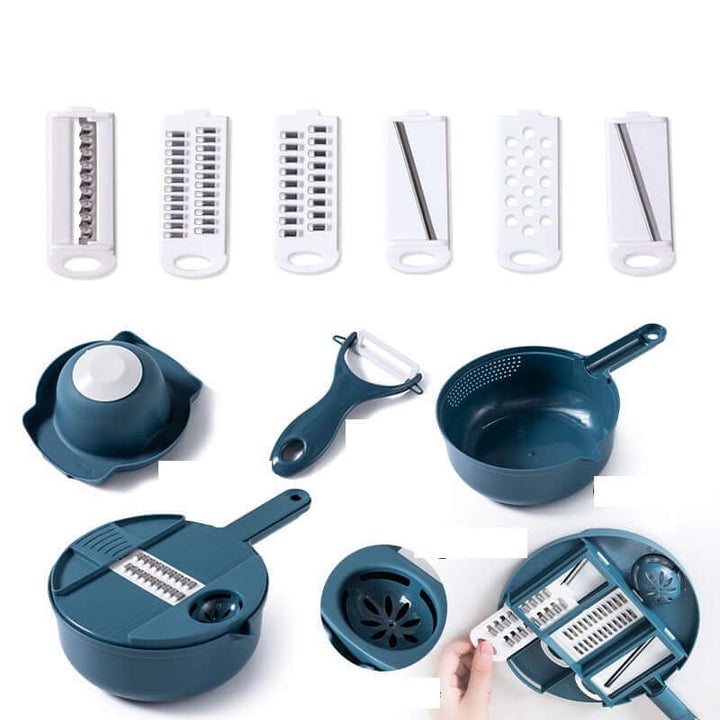 Multifunctional vegetable shredder with blue components and interchangeable stainless iron blades for efficient kitchen slicing.