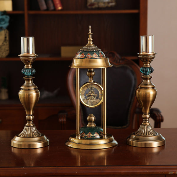 Nordic Home Furnishings pendulum clock ornaments with brass finishes and teal accents, blending Japandi and Cottagecore styles.