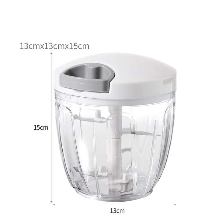 Manual garlic crusher with stainless steel blades and transparent body, measuring 13x13x15cm for efficient kitchen prep.