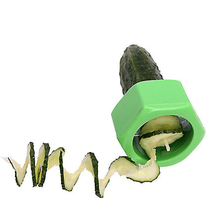 Green spiral knife cutting a cucumber into spiral slices, showcasing a versatile kitchen gadget for stylish veggie prep.