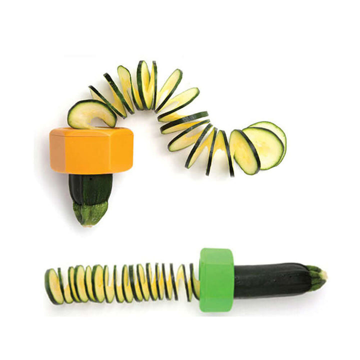 Spiral Knife Vegetable Cutter slicing zucchini into spirals; ideal for salads and garnishes.