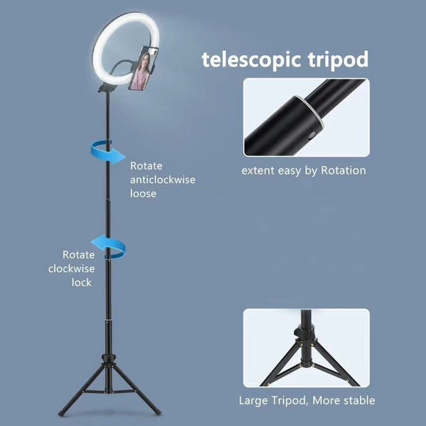 Dimmable USB Ring Light with adjustable telescopic tripod for Apple devices, ideal for vlogging and selfies.