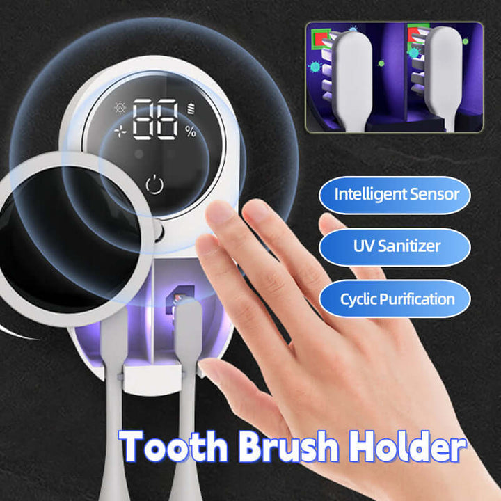 Portable UV toothbrush sanitizer with intelligent sensor, showing touch-free activation and sleek biophilic design.