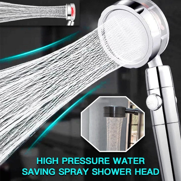 Propeller-driven shower head with high-pressure spray and stop button, featuring a sleek chrome design and eco-friendly functions.