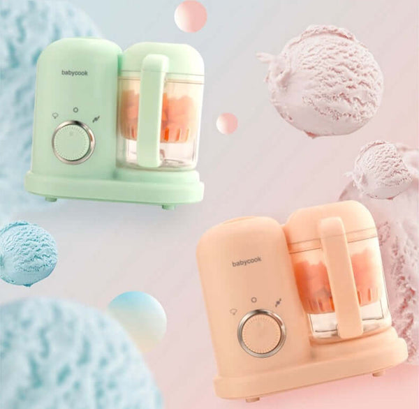 Mint and peach baby food processors against a pastel backdrop with ice cream design elements.