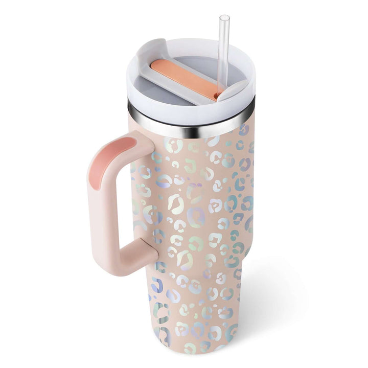 Premium 40 oz insulated tumbler with handle and straw, featuring stylish design for hot coffee or iced tea.