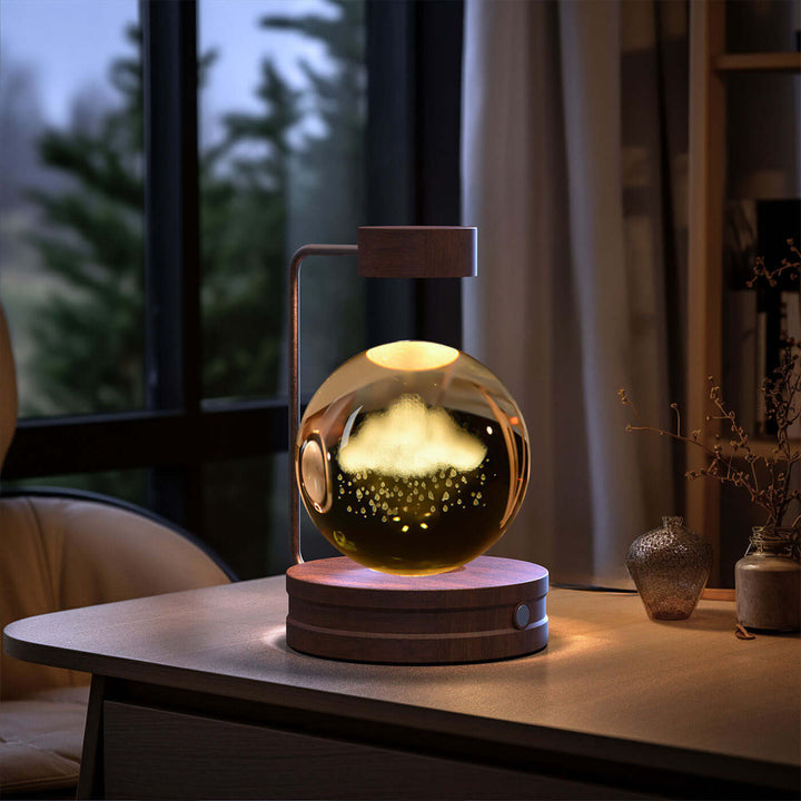 Crystal Ball Night Light with 3D design on a wooden base, creating a cozy atmosphere, perfect for Japandi style home decor.