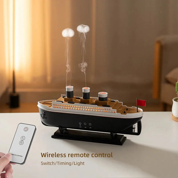 Titanic humidifier with remote, offering elegant design and dual function as an essential oil diffuser for modern smart living.