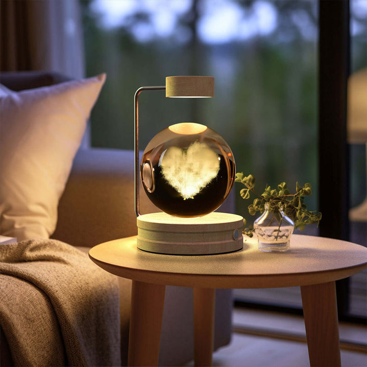 Crystal Ball Night Light with 3D design on bedside table, warm LED glow, cozy atmosphere, biophilic design, Japandi style.