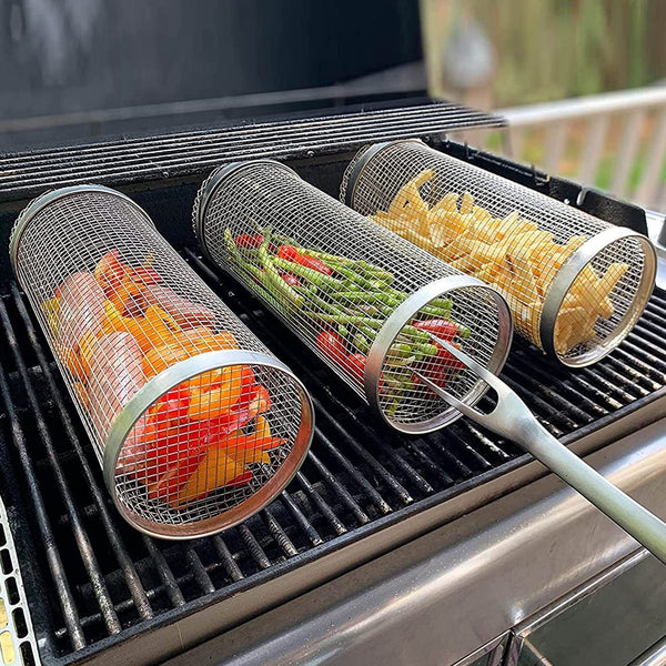 Rolling Grilling Basket showcasing peppers and potatoes, perfect for outdoor BBQ, camping, and biophilic design enthusiasts.