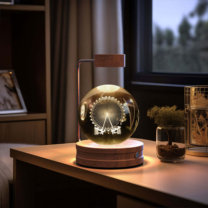 Crystal Ball Night Light on desk, USB-powered with 3D design, creating cozy ambiance, perfect for Japandi style and cottagecore decor.