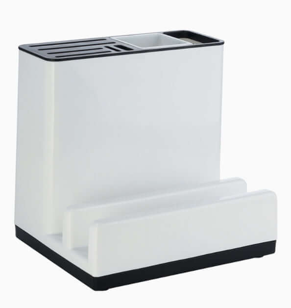 Plastic kitchen organizer for tableware and knives, featuring biophilic design and sustainable materials in Japandi style.