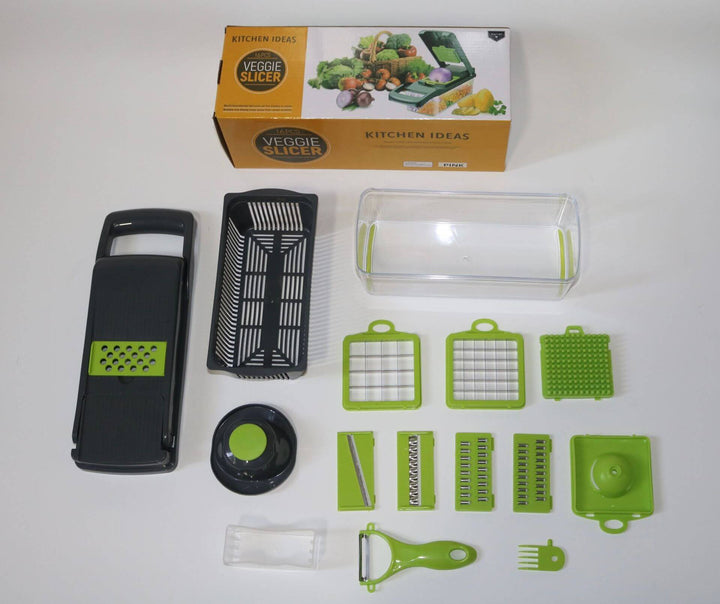 Household Kitchen Vegetable Cutter with stainless steel blades and interchangeable parts, shown with packaging.