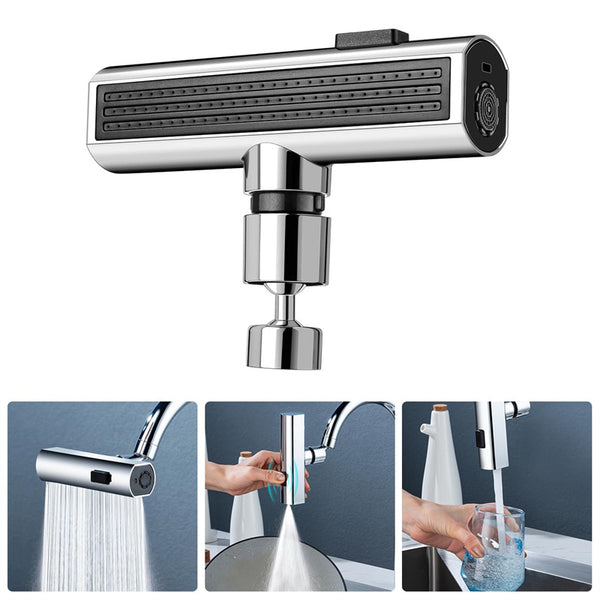 Kitchen faucet with waterfall nozzle and rotating splash-proof bubbler for versatile use, shown in various angles.