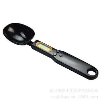 LCD digital kitchen scale measuring spoon with display for accurate food and coffee measurements in grams and ounces.