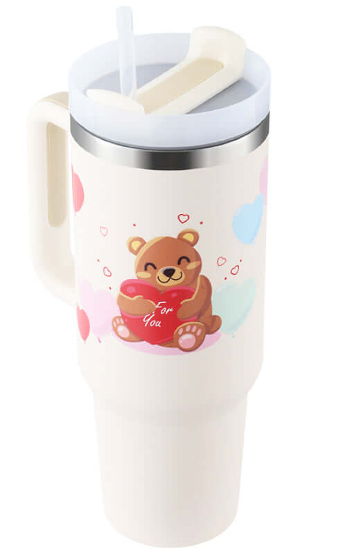 40 Oz insulated tumbler with handle and straw, bear design, perfect for keeping beverages hot or cold, ideal for on-the-go refreshment.