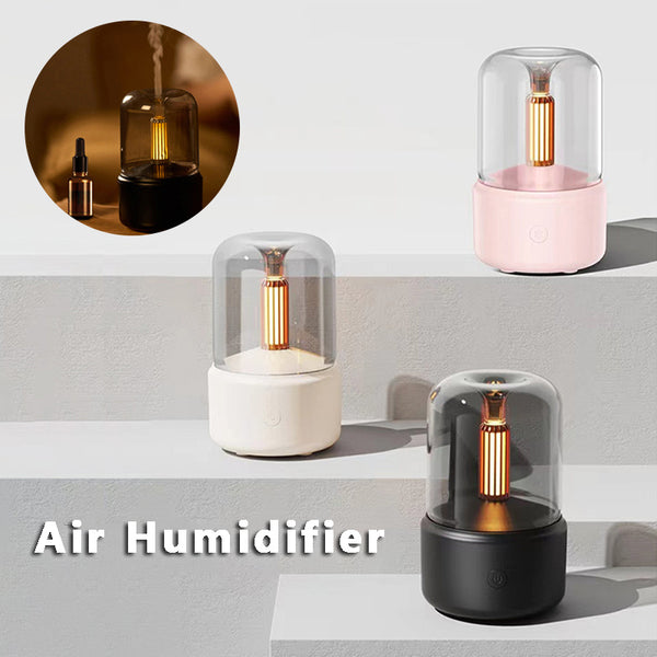 Candlelight Aroma Diffuser featuring LED light and USB connection, available in pink, white, and black for a cozy atmosphere.