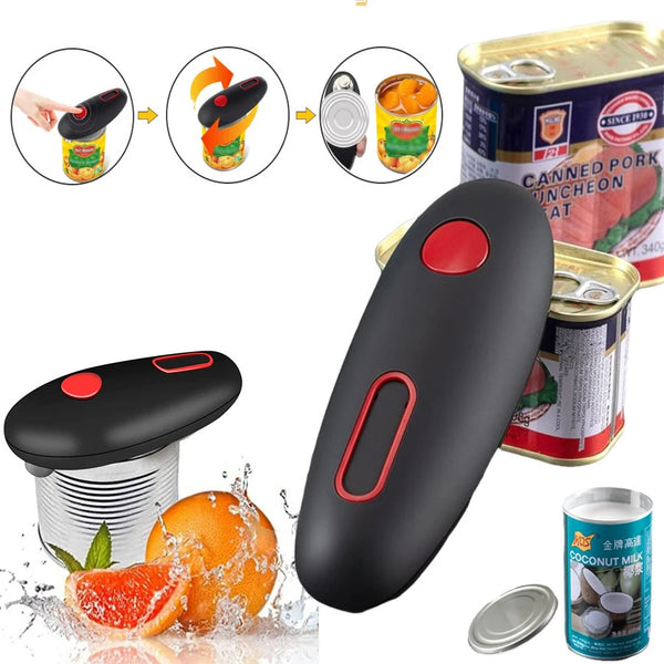 Electric can opener with one-touch operation, showcasing lid removal from canned coconut milk and pork, ideal for effortless kitchen use.