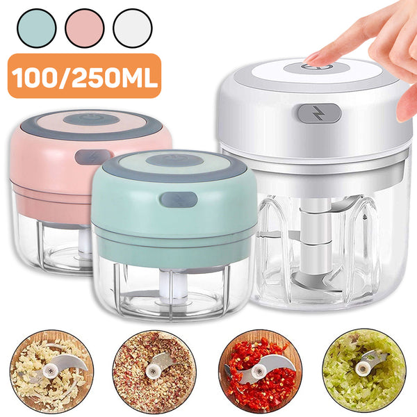 Mini Electric Garlic Chopper in white and pastel colors, ideal for quick food prep and USB rechargeable convenience.