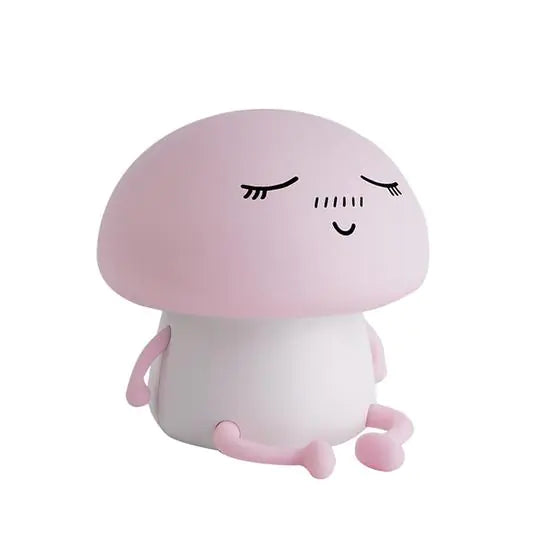 Pink cartoon mushroom night light with smiling face, rechargeable touch LED lamp, ideal for nurseries and bedtime ambiance.