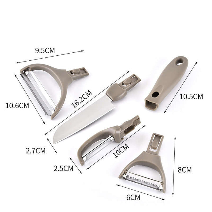 3-Piece Stainless Steel Cutter Set with dimensions, includes knife, peeler, eco-friendly materials for biophilic kitchen design.