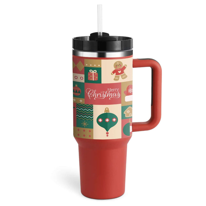 Festive Christmas-themed 40 Oz insulated tumbler with handle and straw, perfect for holiday coffee or tea, featuring a merry design.