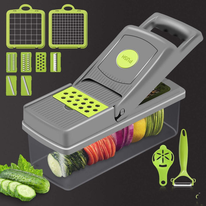 Stainless steel multi-functional vegetable cutter with interchangeable blades for kitchen use.