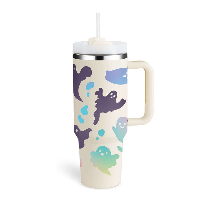 40 Oz insulated tumbler with handle, ghost design, spill-proof lid and straw, ideal for hot or cold drinks on-the-go.