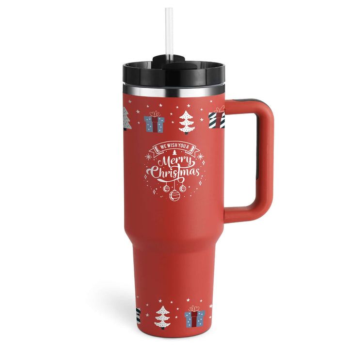 Christmas-themed red insulated tumbler with handle and straw, featuring festive designs, perfect for keeping drinks hot or cold.