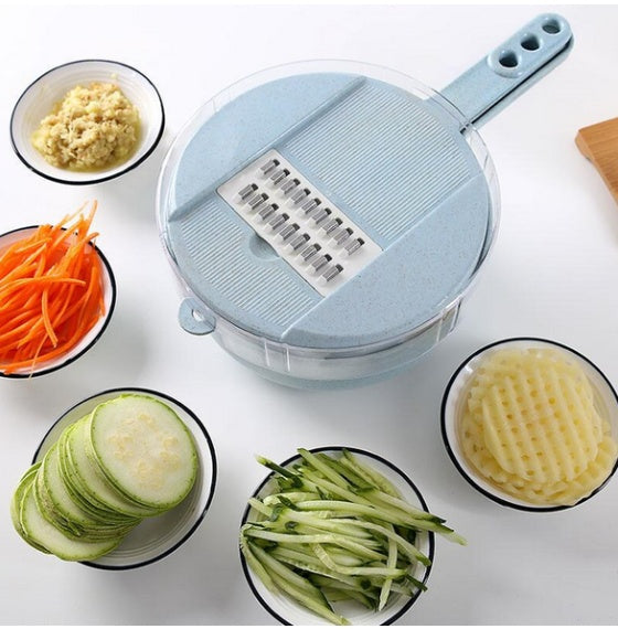 8-in-1 Mandoline Slicer with various sliced vegetables, ideal for efficient food prep and versatile kitchen use.