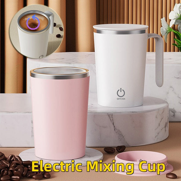 Electric Mixing Cup with automatic stirring for coffee, in pink and white on marble surface, featuring convenient design.