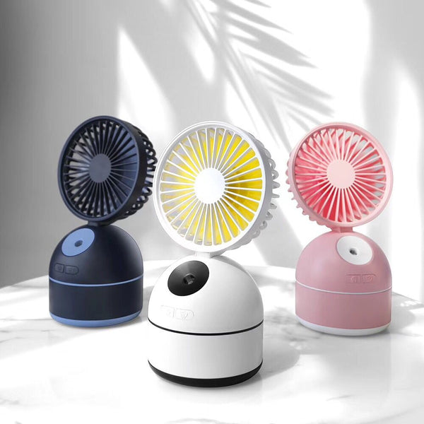 Fan Humidifier in black, white, and pink; combines air circulation with biophilic design for fresh home atmosphere.