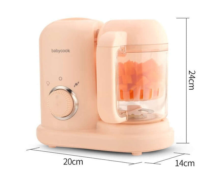 Baby Food Processor in peach color with steamer/blender function, perfect for making homemade baby meals. Compact and easy to use.