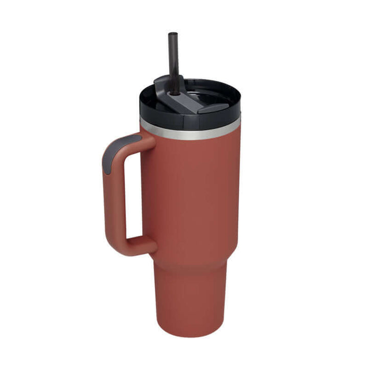 40 Oz insulated tumbler with handle and straw, perfect for coffee on-the-go, featuring spill-proof lid. Ideal for garden activities.