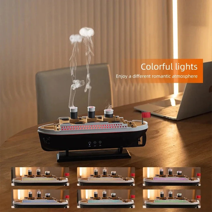 Titanic humidifier with colorful lights, eco-friendly smart home gadget for stylish decor and relaxing ambiance.