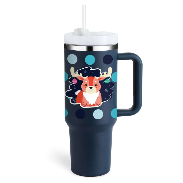 40 Oz insulated tumbler with handle, straw, and reindeer design, ideal for hot or cold drinks, perfect for gardening or outdoor use.