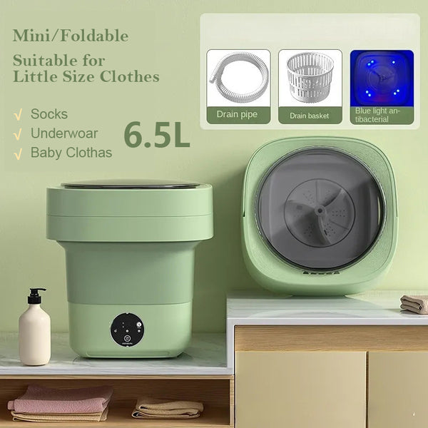 Mini foldable washing machine with 6.5L capacity for socks, underwear, baby clothes, featuring drain pipe and blue antibacterial light.