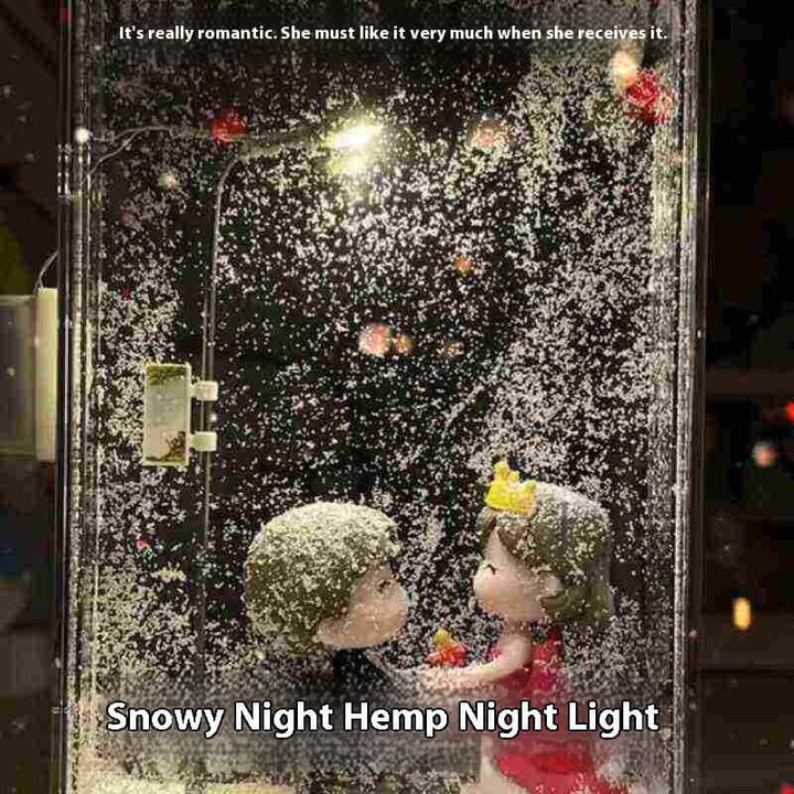 Charming snowy night light with figurines under a street lamp, creating a cozy winter scene for holiday decor.